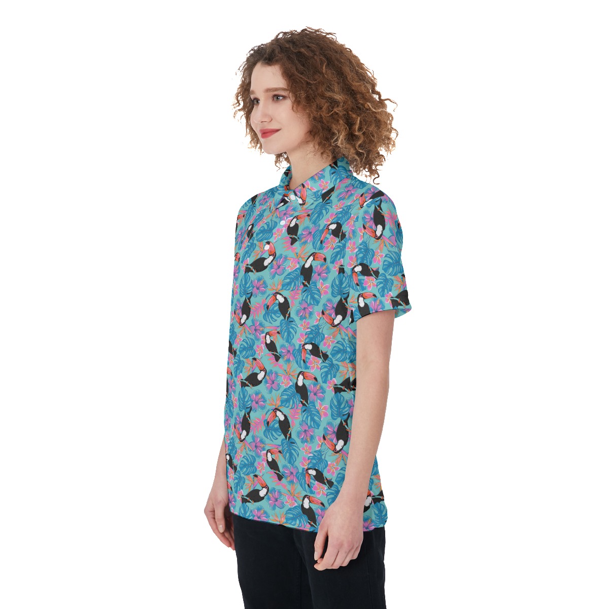 Women's Floral Parrot Blue Golf Shirt