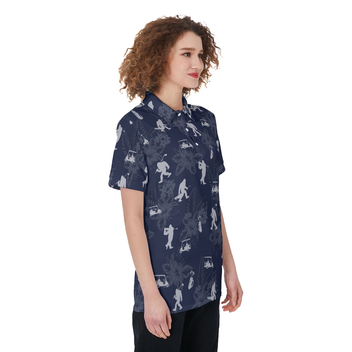 Funny Bigfoot Floral Navy Golf Shirt For Women
