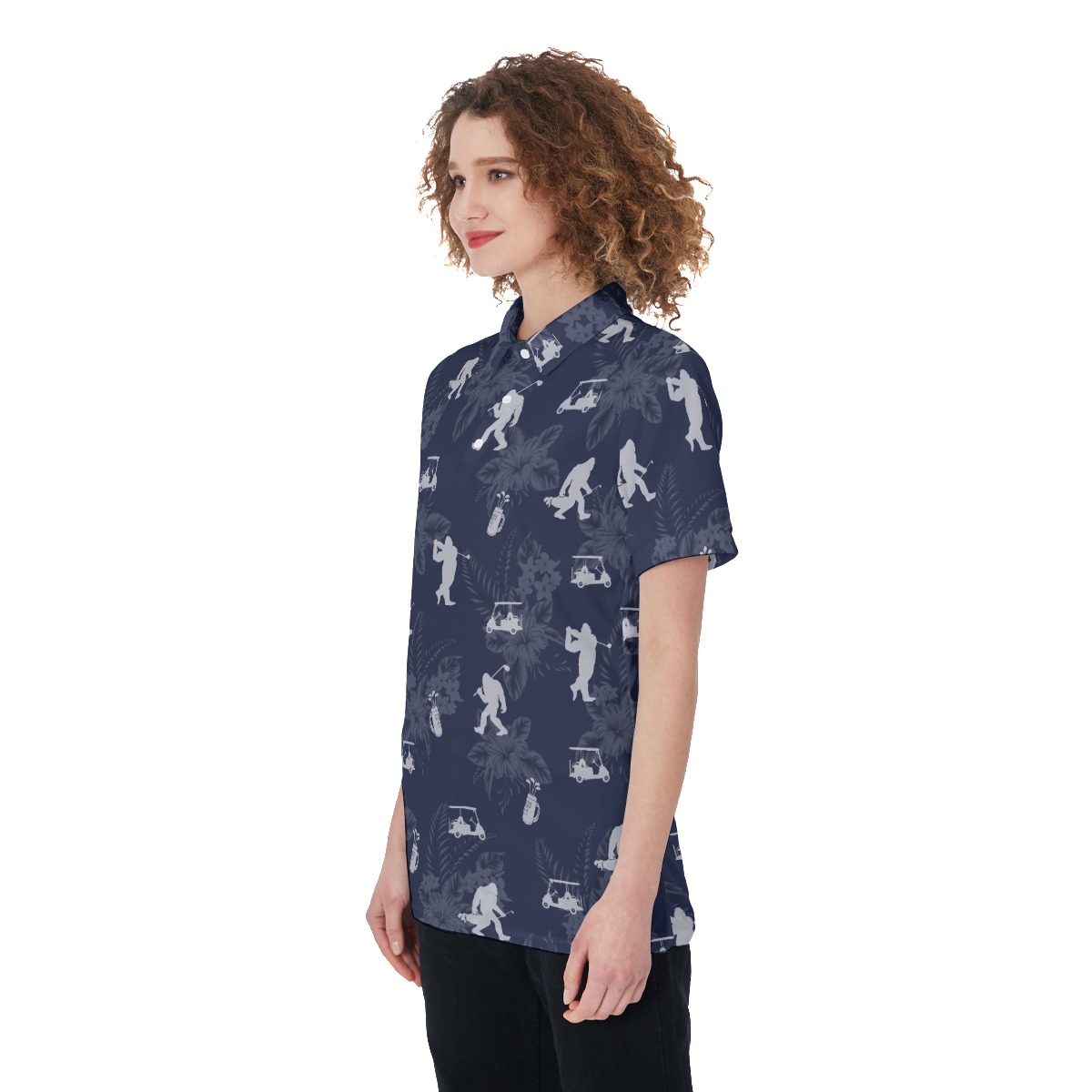 Funny Bigfoot Floral Navy Golf Shirt For Women