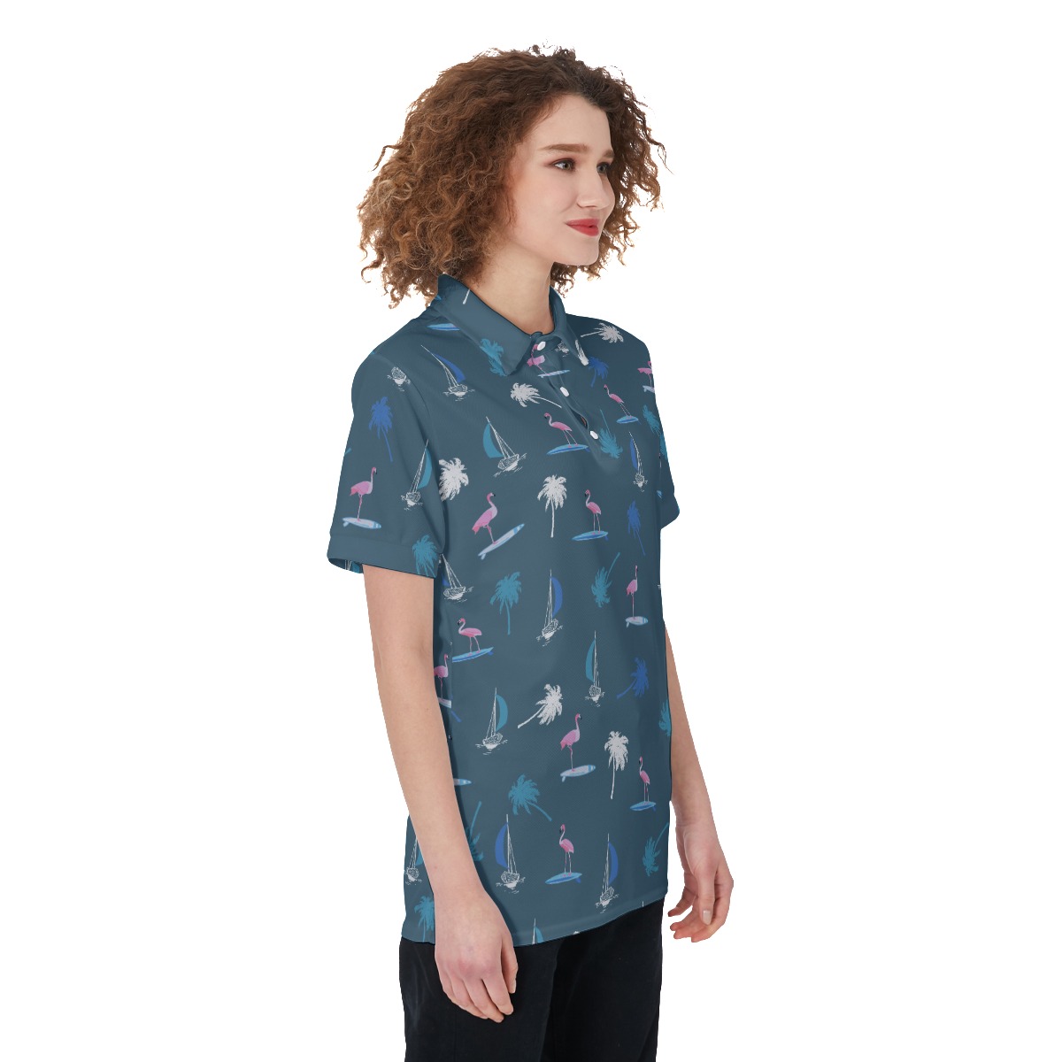 Flamingo And Palm Tree Women's Navy Golf Shirt