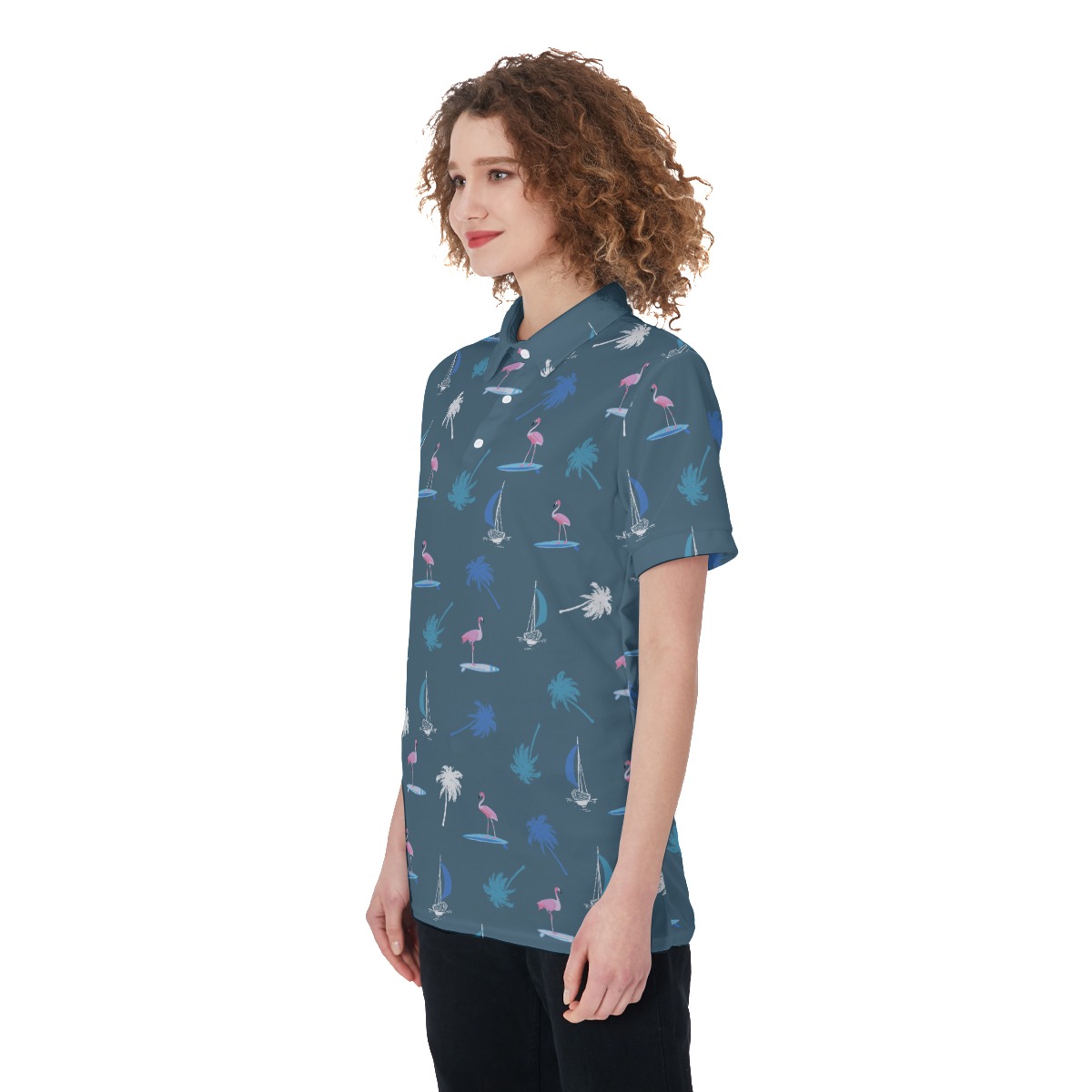 Flamingo And Palm Tree Women's Navy Golf Shirt