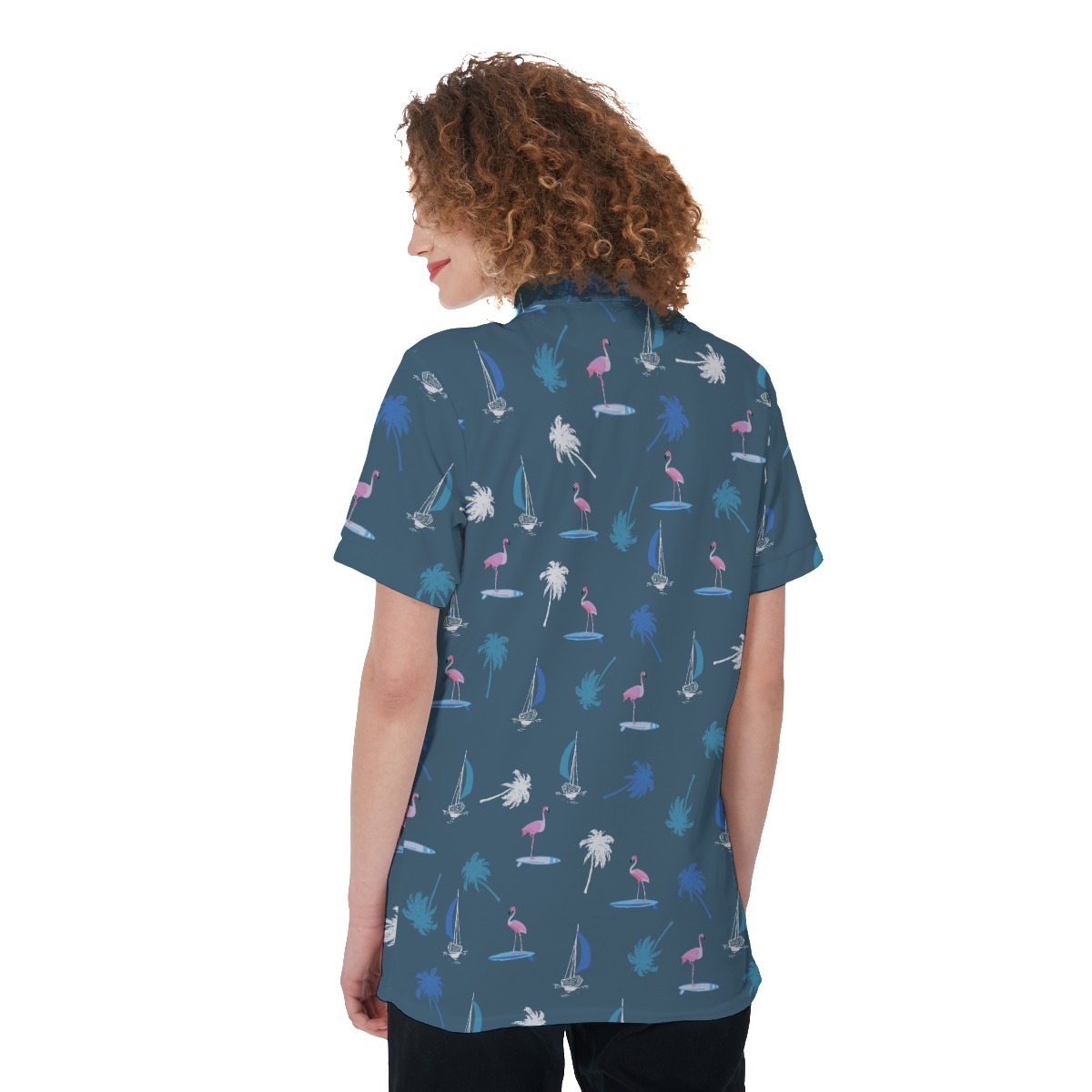 Flamingo And Palm Tree Women's Navy Golf Shirt