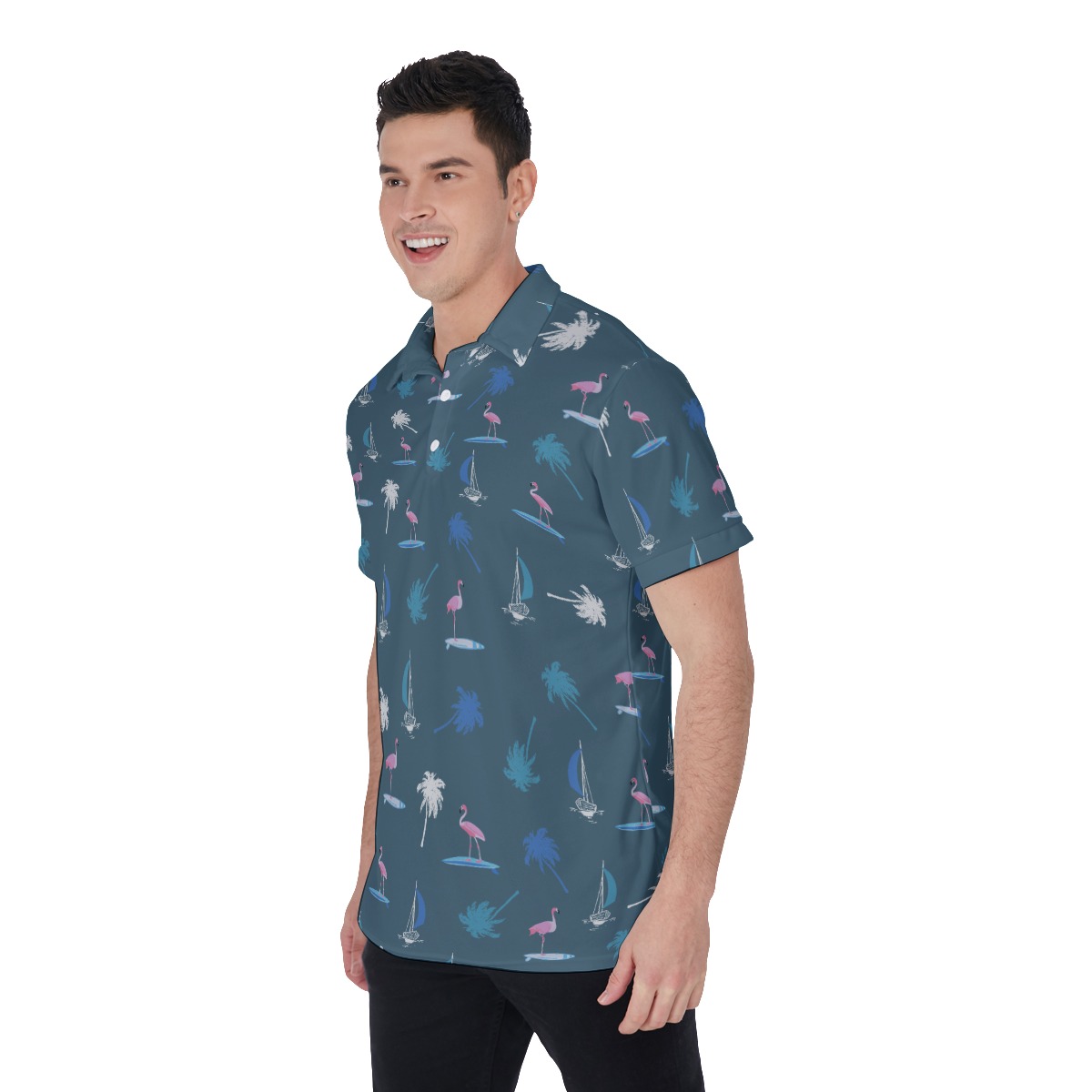 Men's Palm Tree And Flamingo Navy Golf Shirt