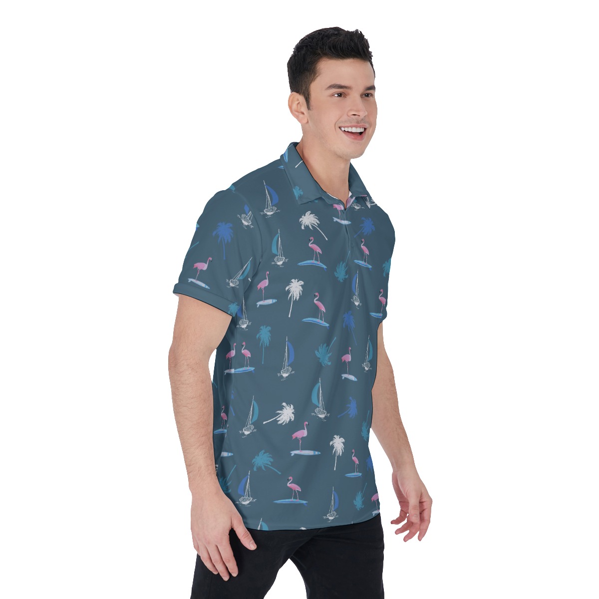 Men's Palm Tree And Flamingo Navy Golf Shirt