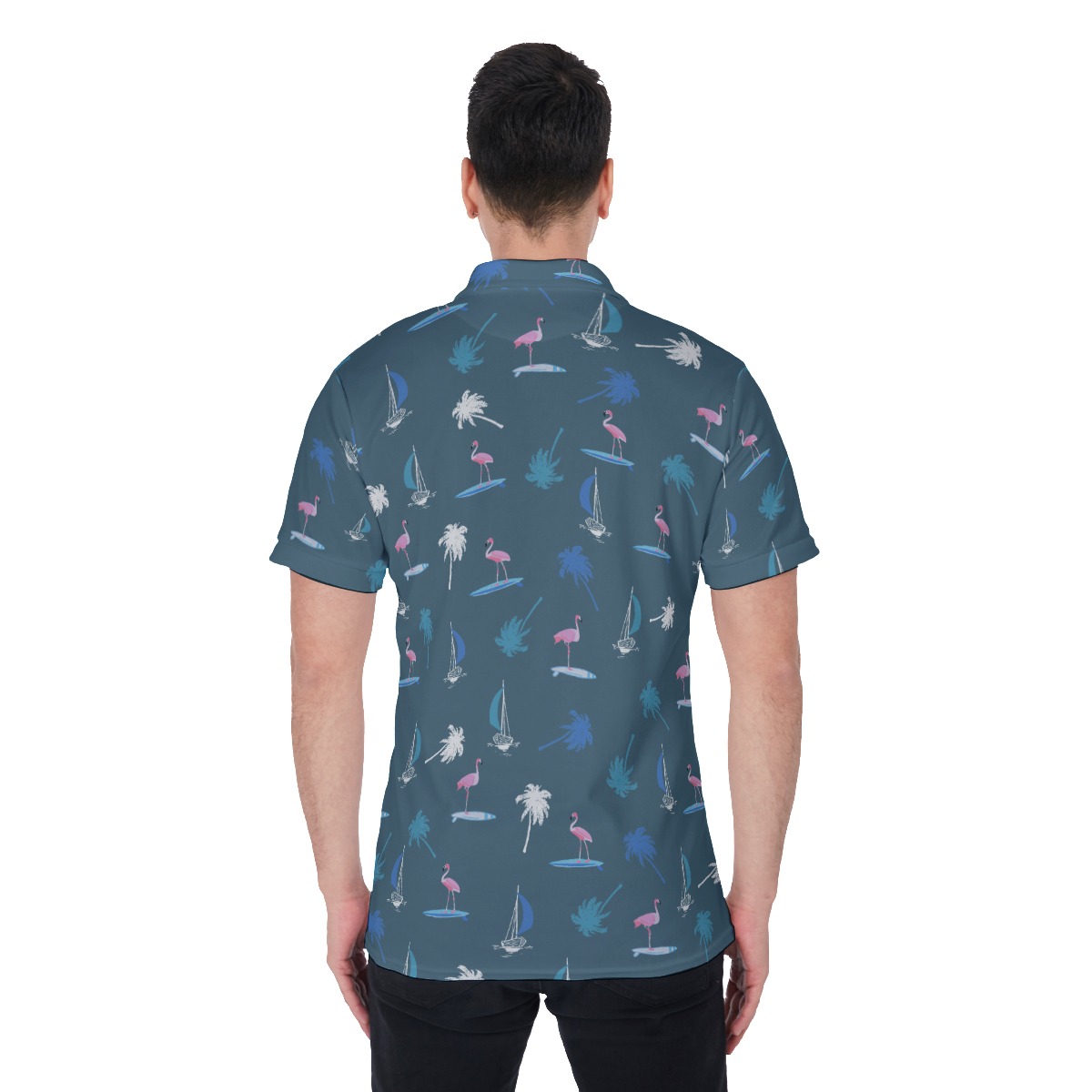 Men's Palm Tree And Flamingo Navy Golf Shirt