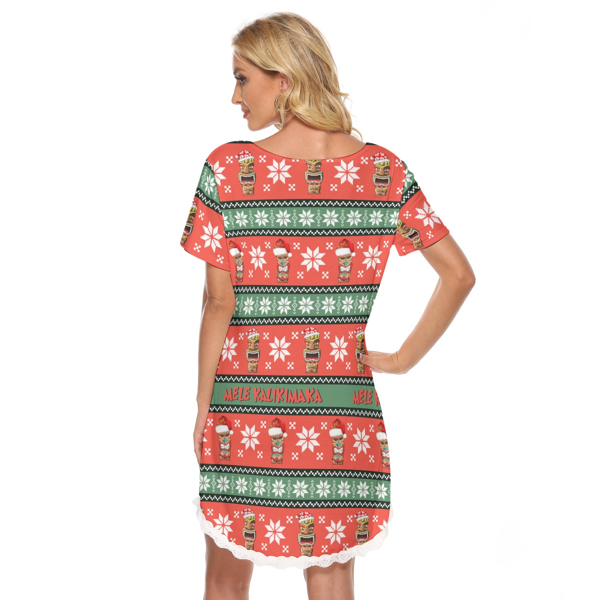 Merry Christmas Tiki Hawaiian Dress With Lace