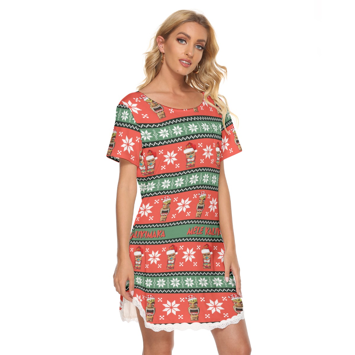 Merry Christmas Tiki Hawaiian Dress With Lace