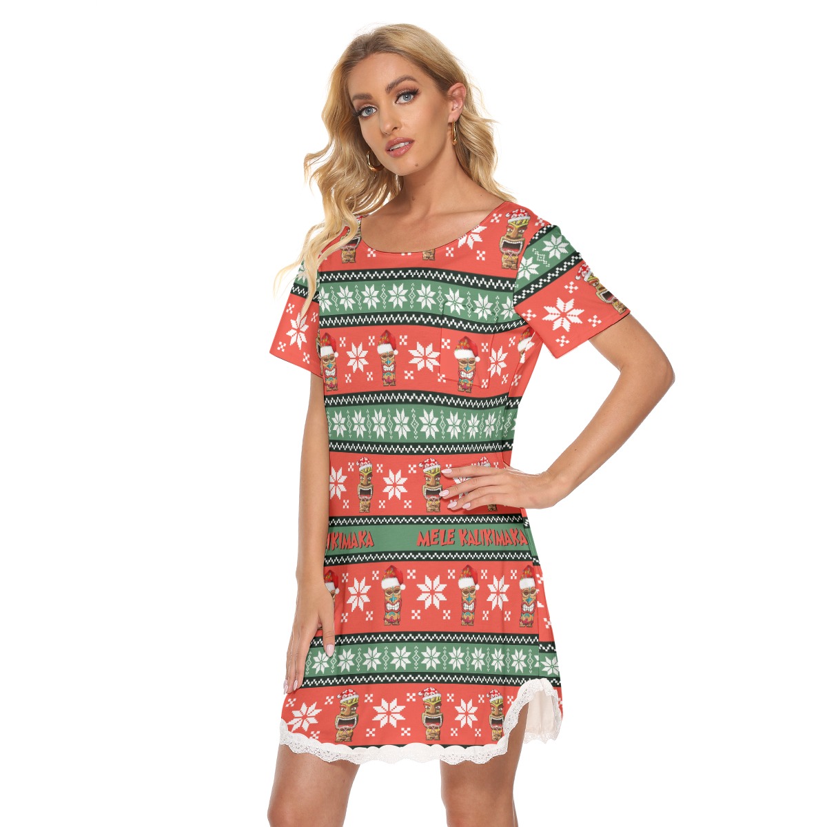 Merry Christmas Tiki Hawaiian Dress With Lace