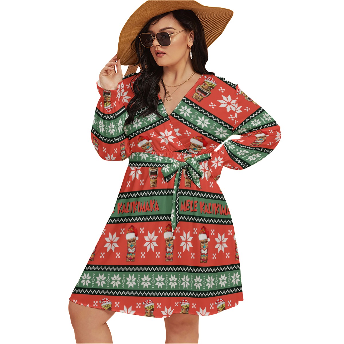 Christmas Tiki Colorful Oversized V-Neck Hawaiian Dress