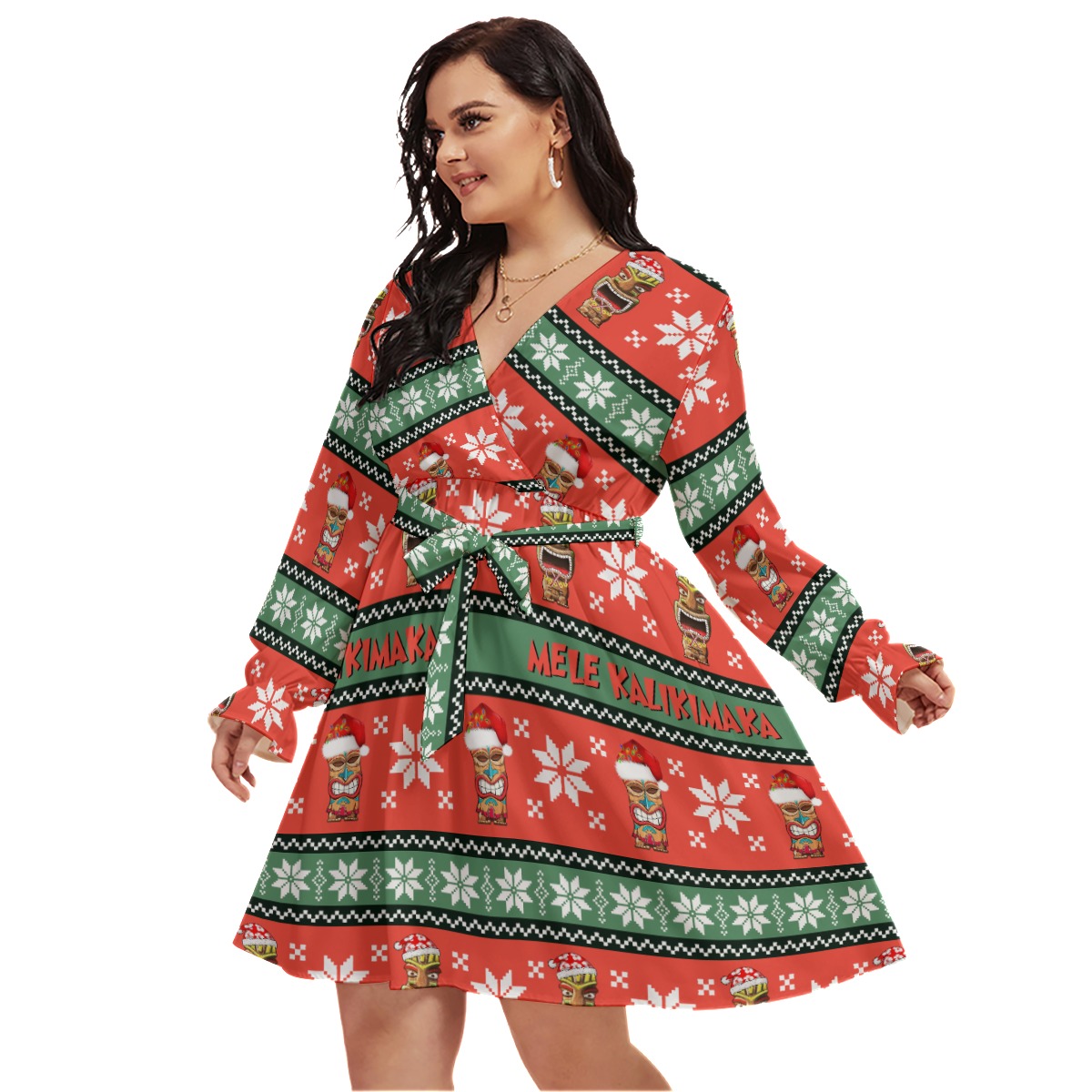Christmas Tiki Colorful Oversized V-Neck Hawaiian Dress