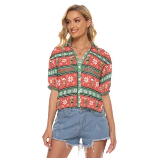 Merry Christmas Tiki Cropped Hawaiian Shirt For Women