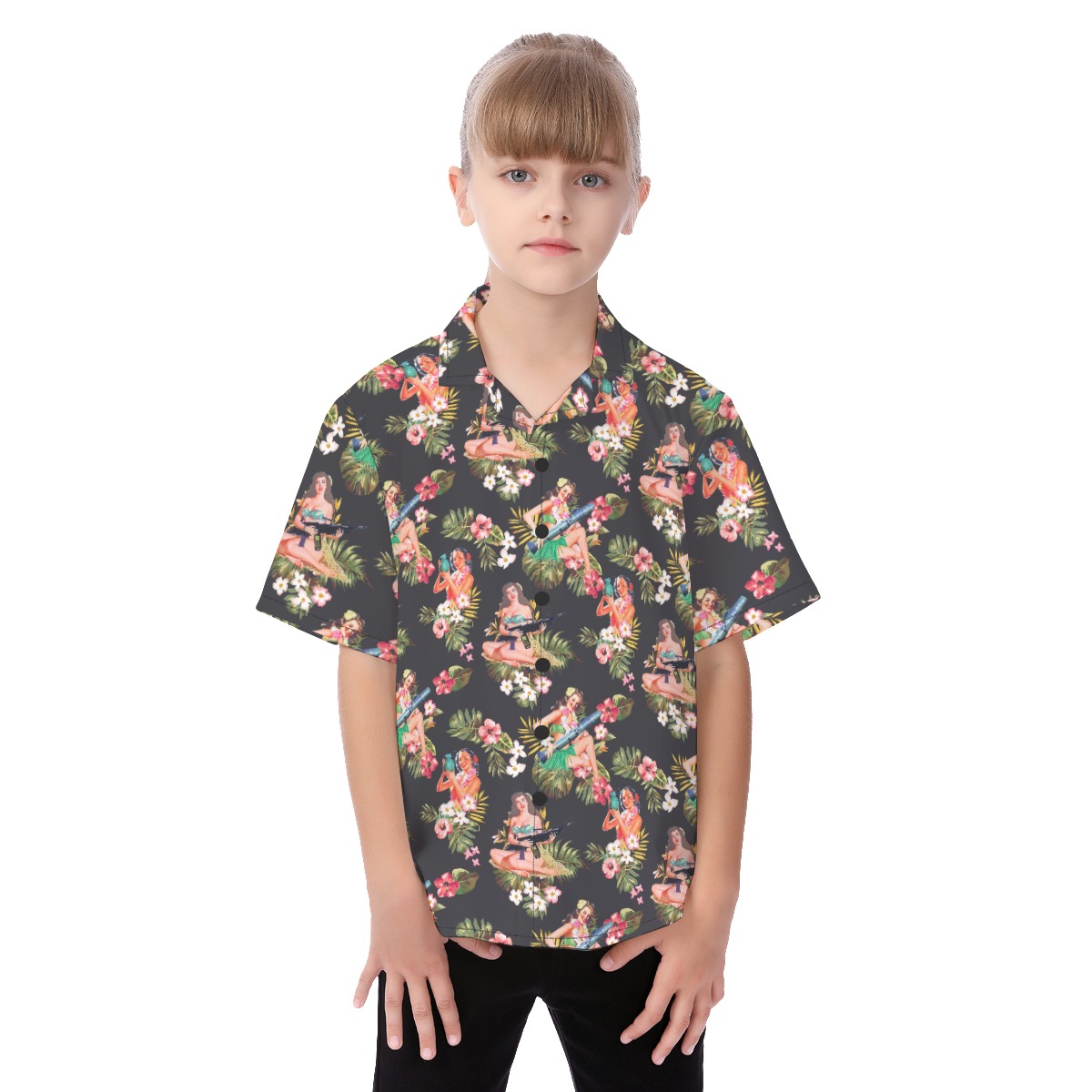 Floral Gun And Hula Girls Hawaiian Shirt For Kids - variant image 1