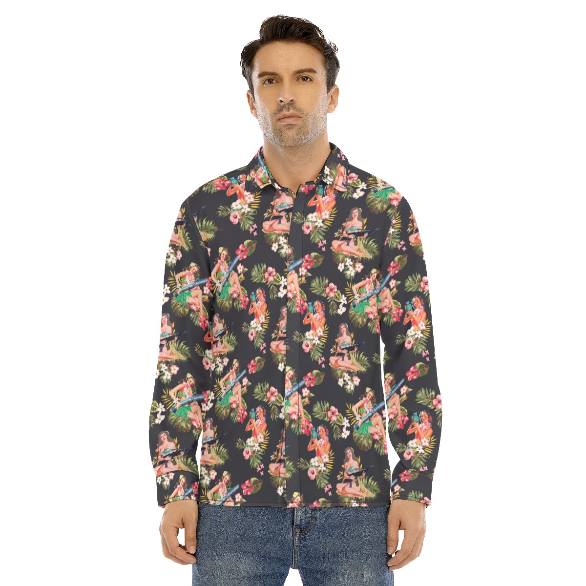 Men's Hula Girl With Gun Long Sleeve Hawaiian Shirt - variant image 1