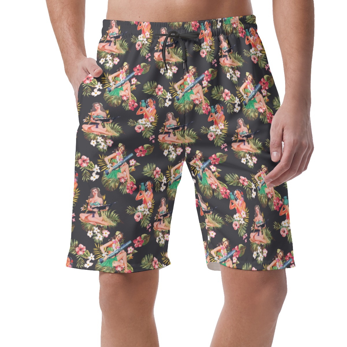 Men's Tactical Hula Girls Black Hawaiian Beach Shorts - variant image 1