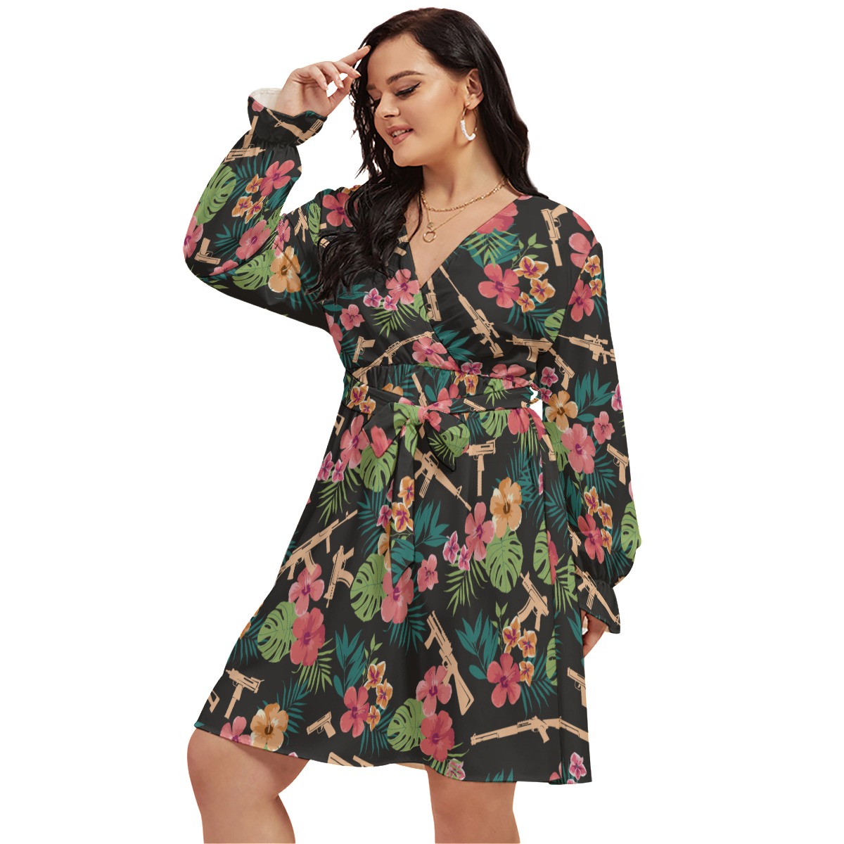 Gun And Flower Oversized V-Neck Hawaiian Dress - variant image 1