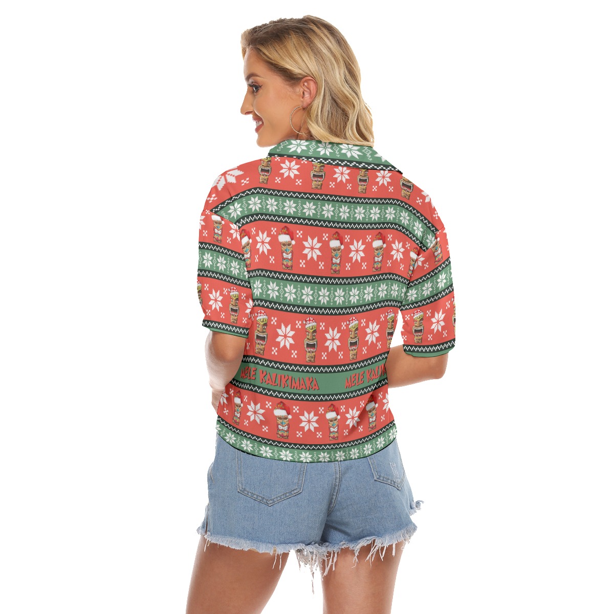 Merry Christmas Tiki Cropped Hawaiian Shirt For Women