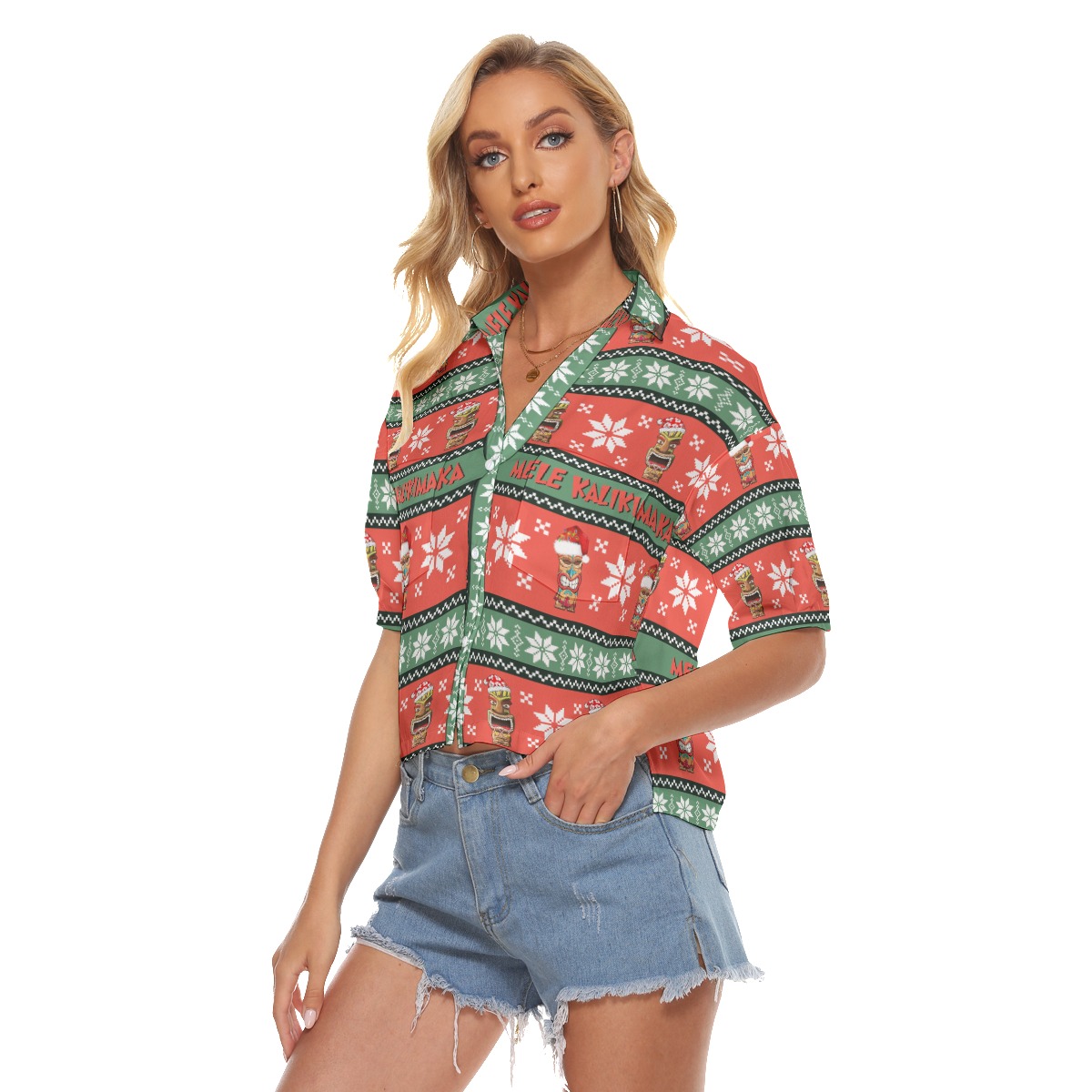 Merry Christmas Tiki Cropped Hawaiian Shirt For Women
