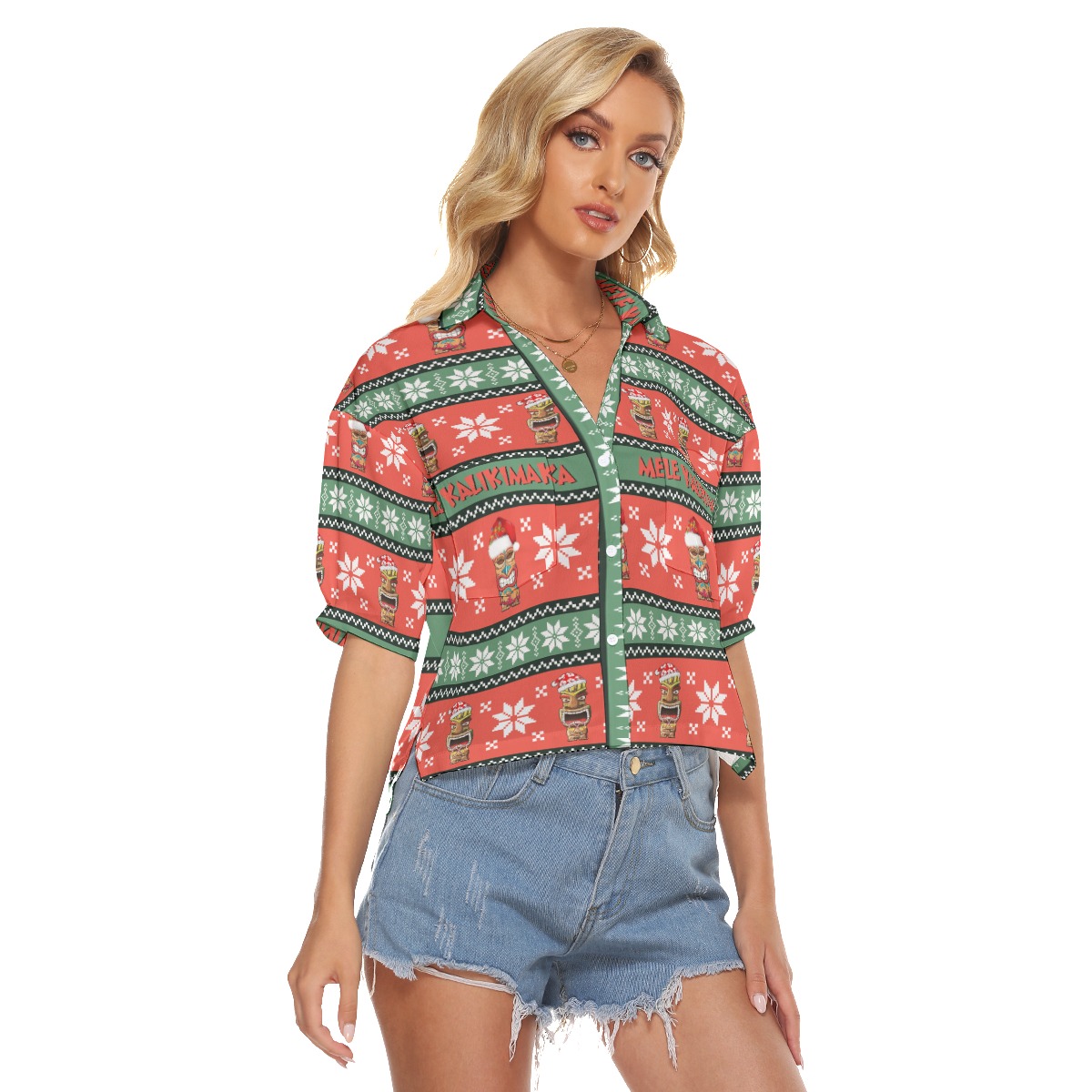 Merry Christmas Tiki Cropped Hawaiian Shirt For Women