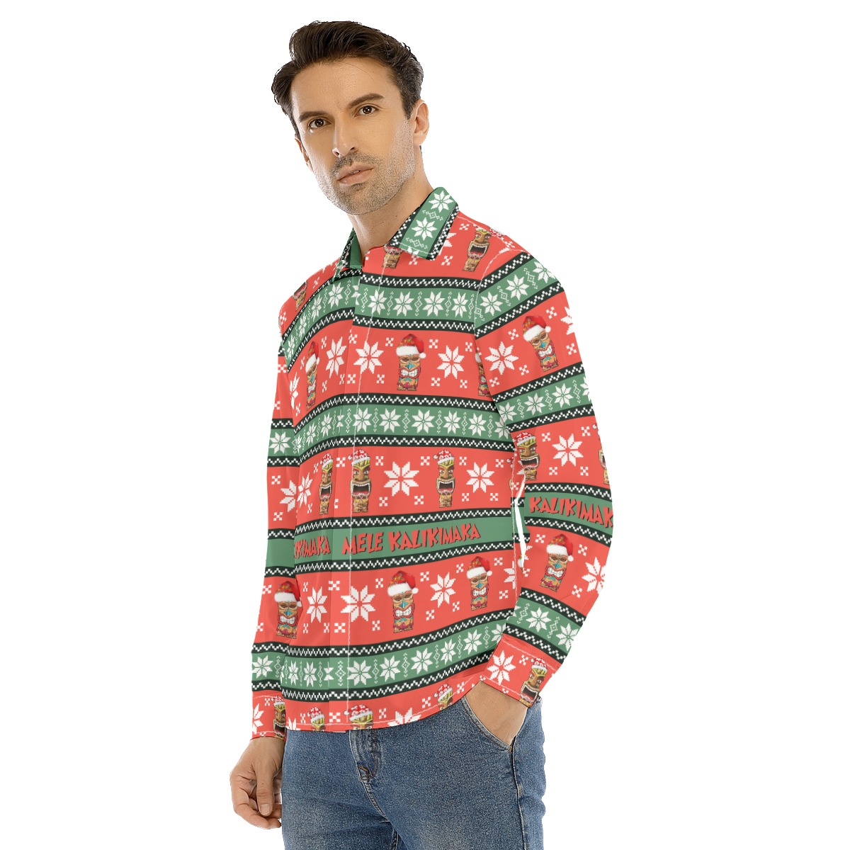 Men's Christmas Mele Kalikimaka Tiki Long Sleeve Hawaiian Shirt