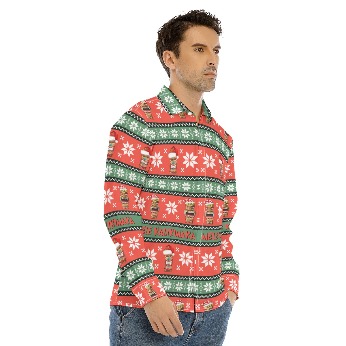 Men's Christmas Mele Kalikimaka Tiki Long Sleeve Hawaiian Shirt