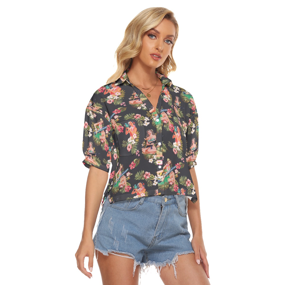 Floral Tactical Hula Girls Cropped Hawaiian Shirt For Women