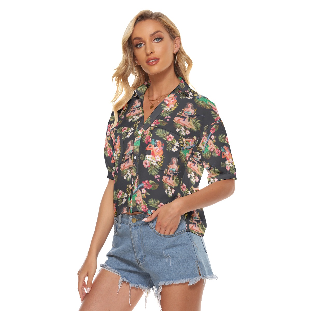 Floral Tactical Hula Girls Cropped Hawaiian Shirt For Women