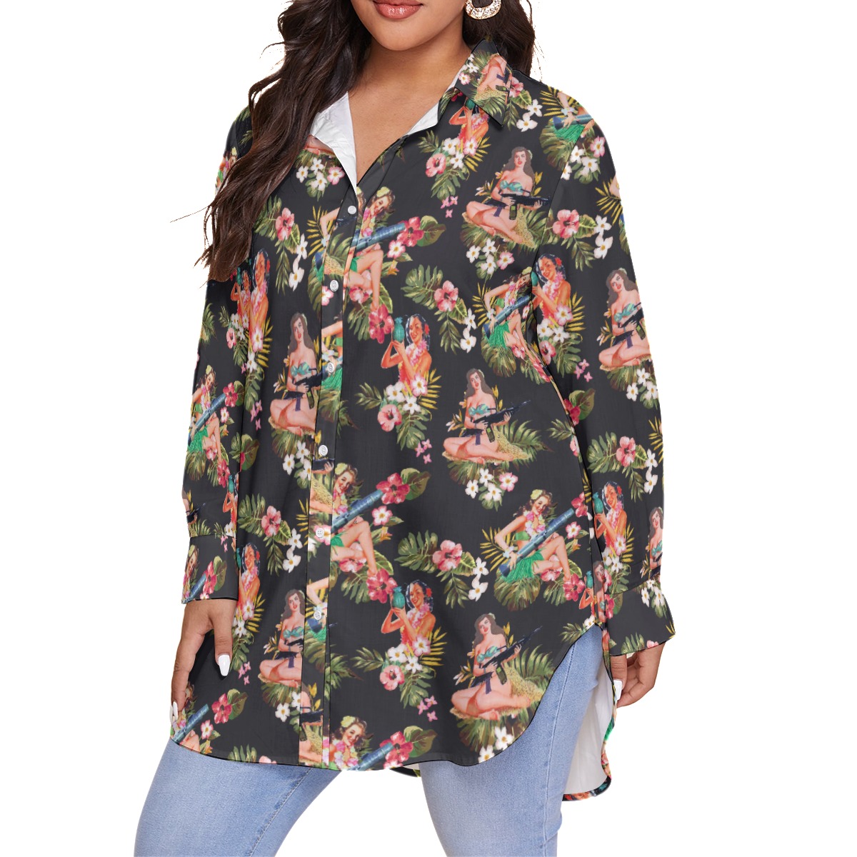 Women's Tactical Hula Girls Oversized Hawaiian Shirt