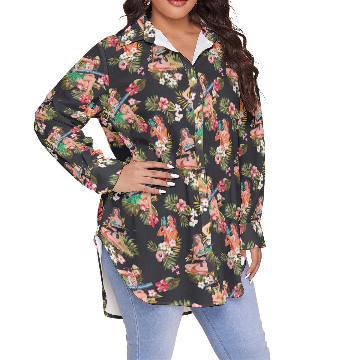 Women's Tactical Hula Girls Oversized Hawaiian Shirt
