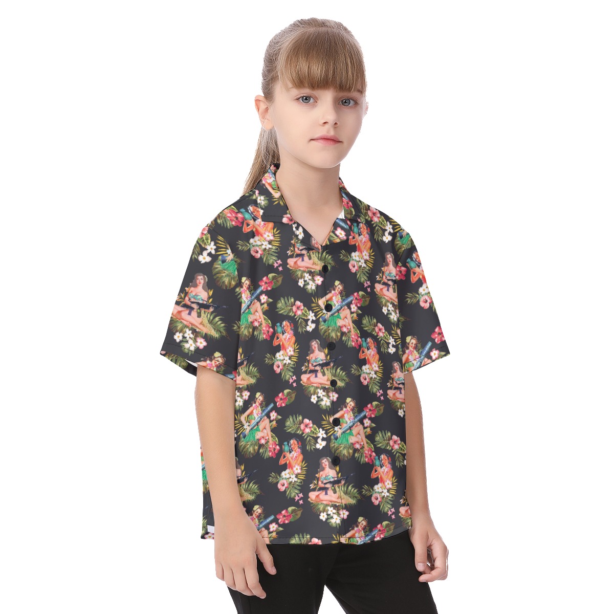 Floral Gun And Hula Girls Hawaiian Shirt For Kids