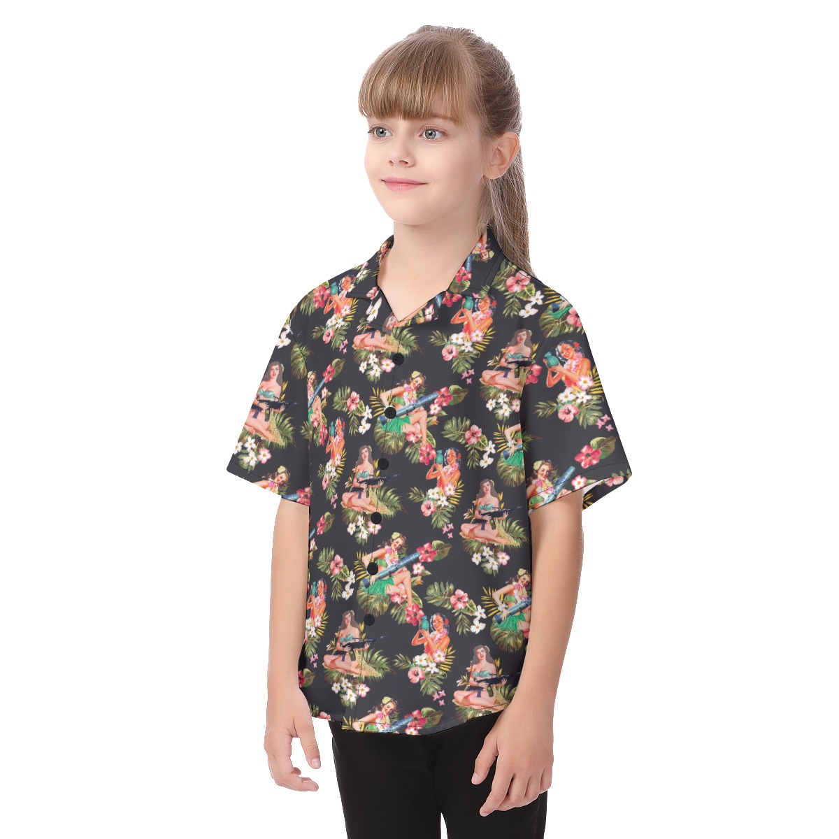 Floral Gun And Hula Girls Hawaiian Shirt For Kids