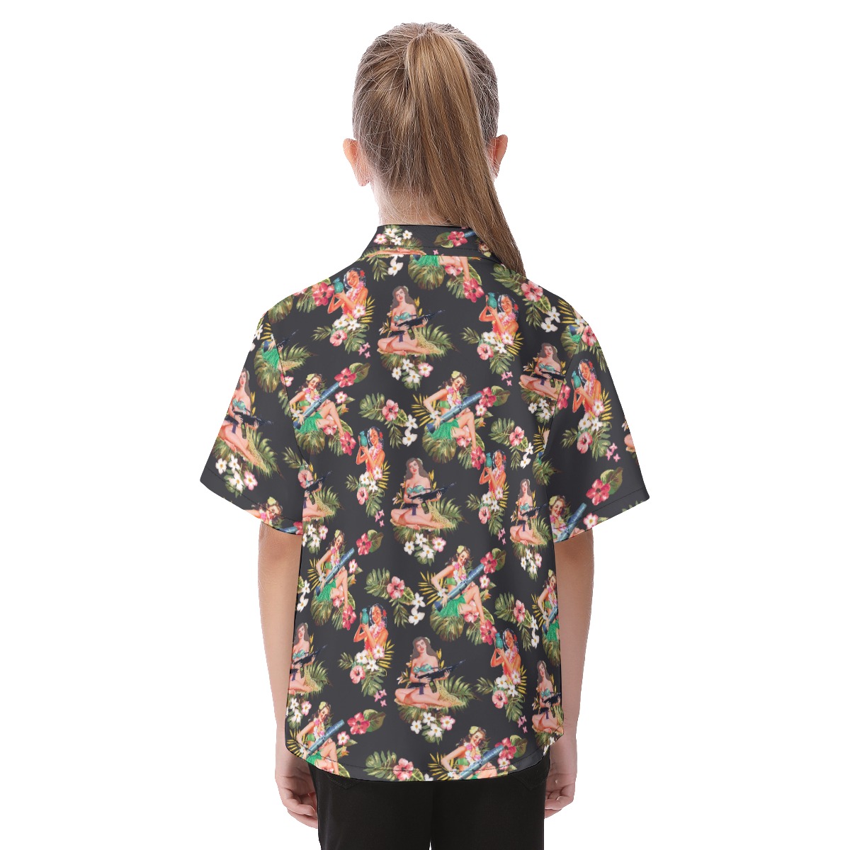 Floral Gun And Hula Girls Hawaiian Shirt For Kids