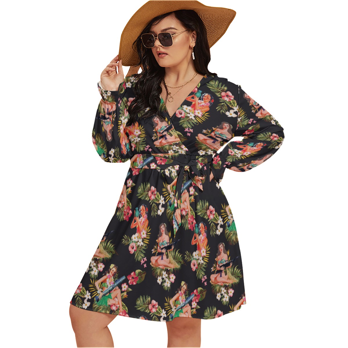 Tactical Hula Girls Oversized V-Neck Hawaiian Dress