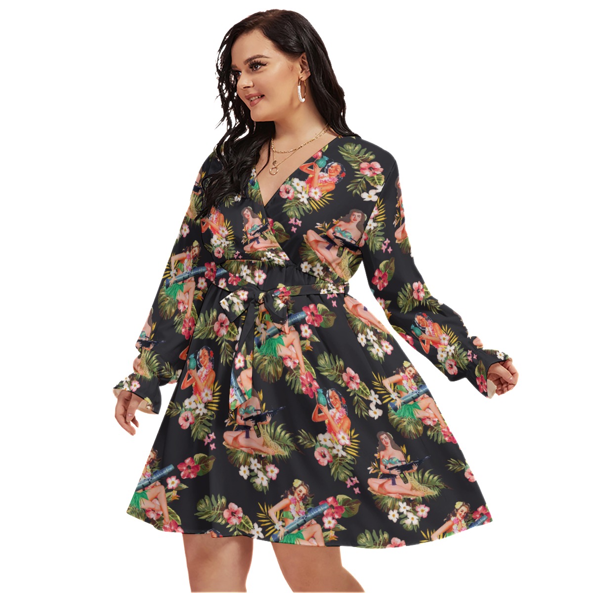 Tactical Hula Girls Oversized V-Neck Hawaiian Dress