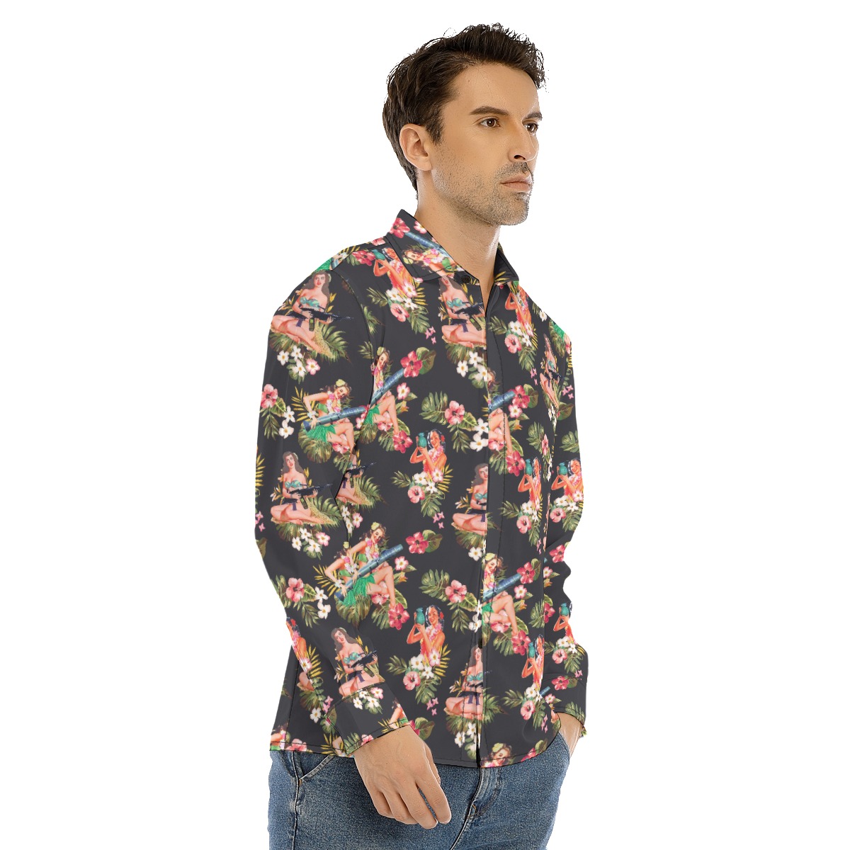Men's Hula Girl With Gun Long Sleeve Hawaiian Shirt