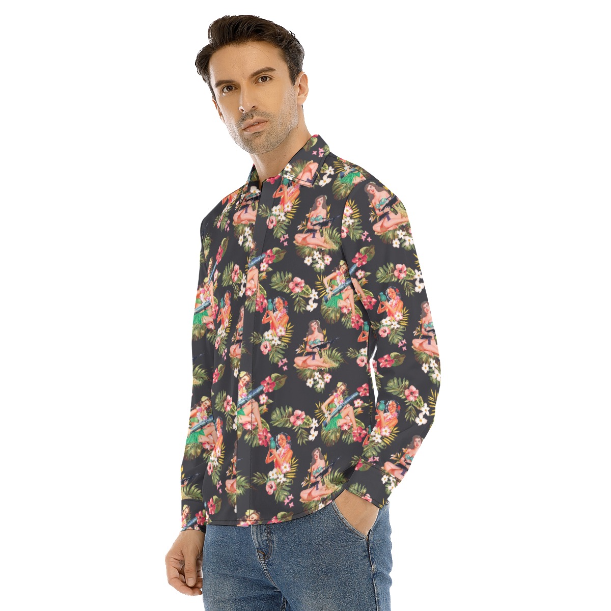 Men's Hula Girl With Gun Long Sleeve Hawaiian Shirt