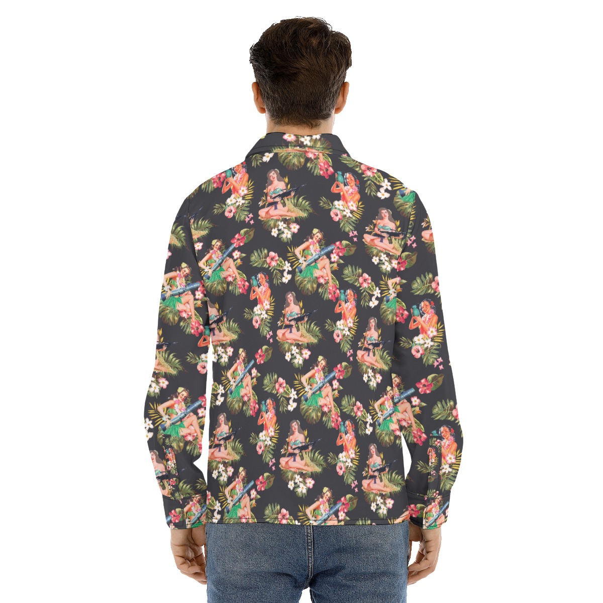Men's Hula Girl With Gun Long Sleeve Hawaiian Shirt