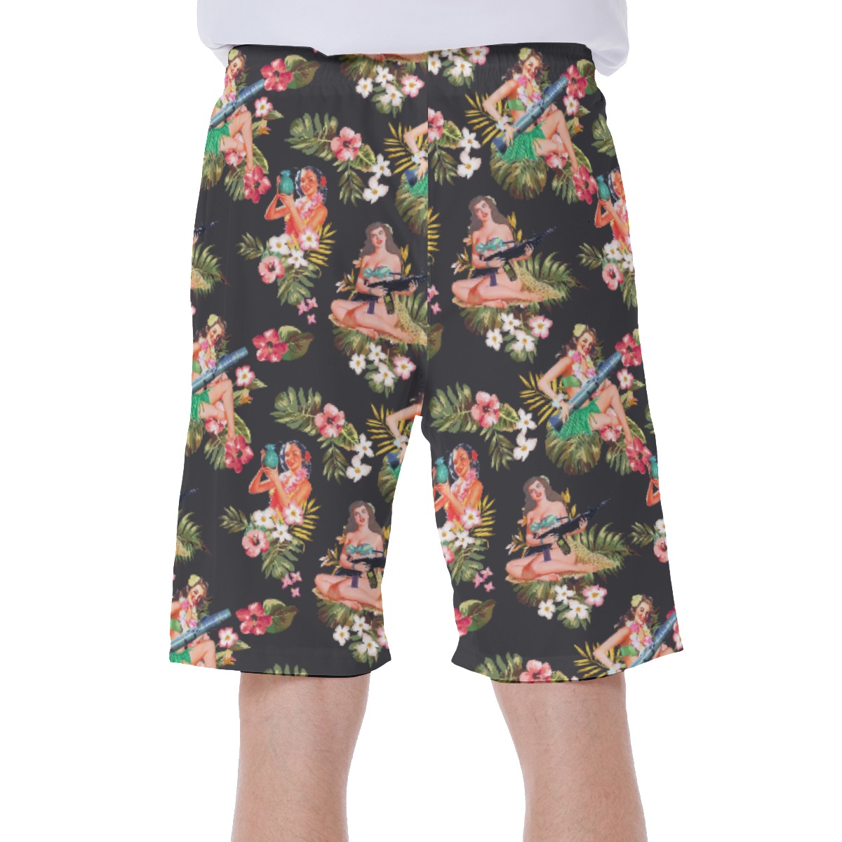 Men's Hula Girls And Gun Hawaiian Swim Trunks