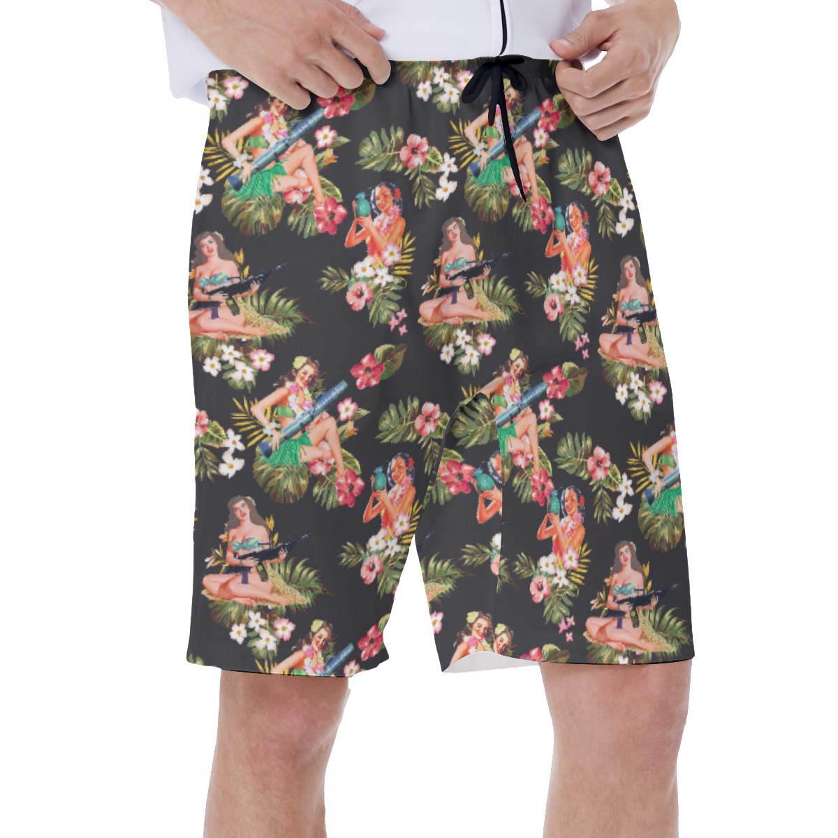 Men's Hula Girls And Gun Hawaiian Swim Trunks