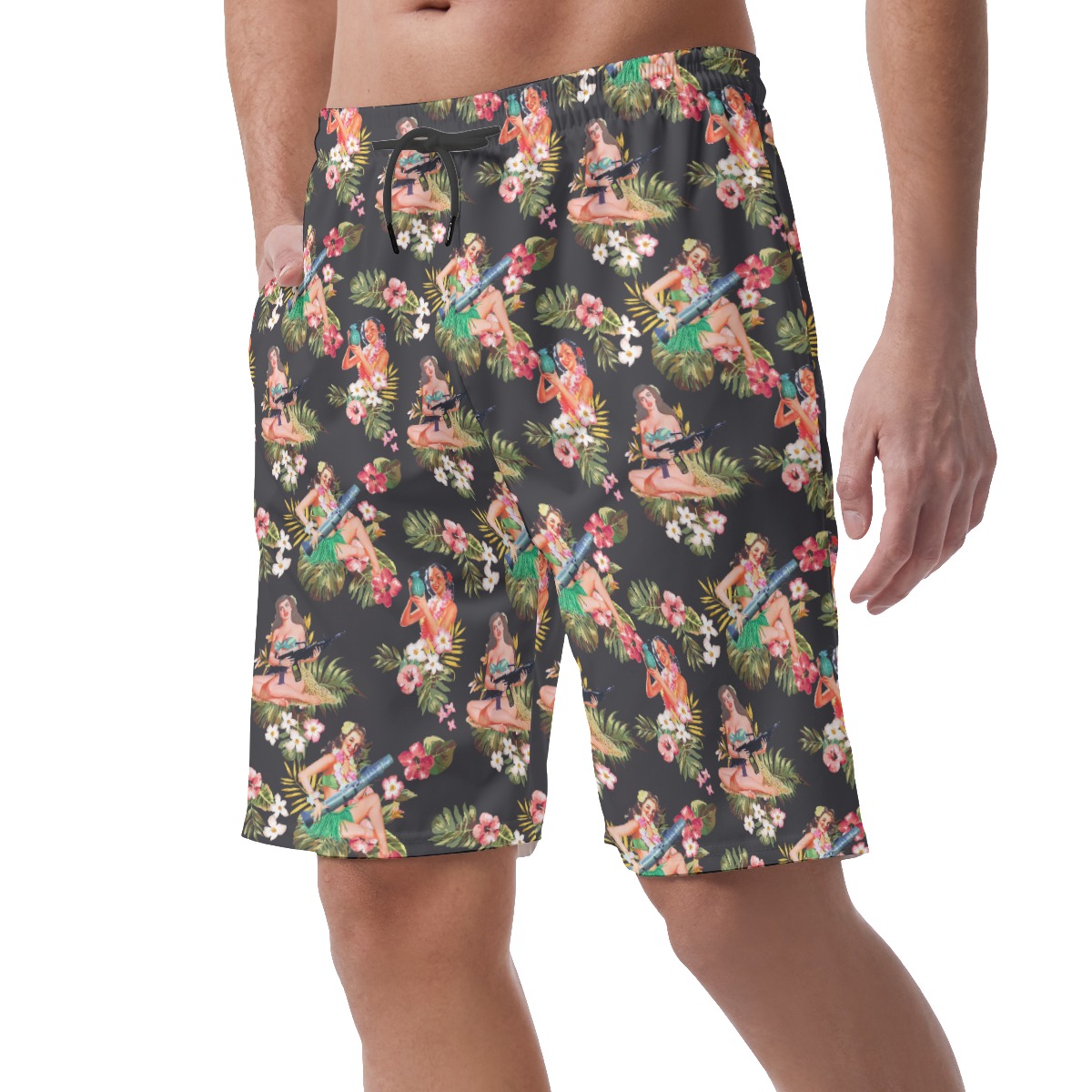 Men's Tactical Hula Girls Black Hawaiian Beach Shorts