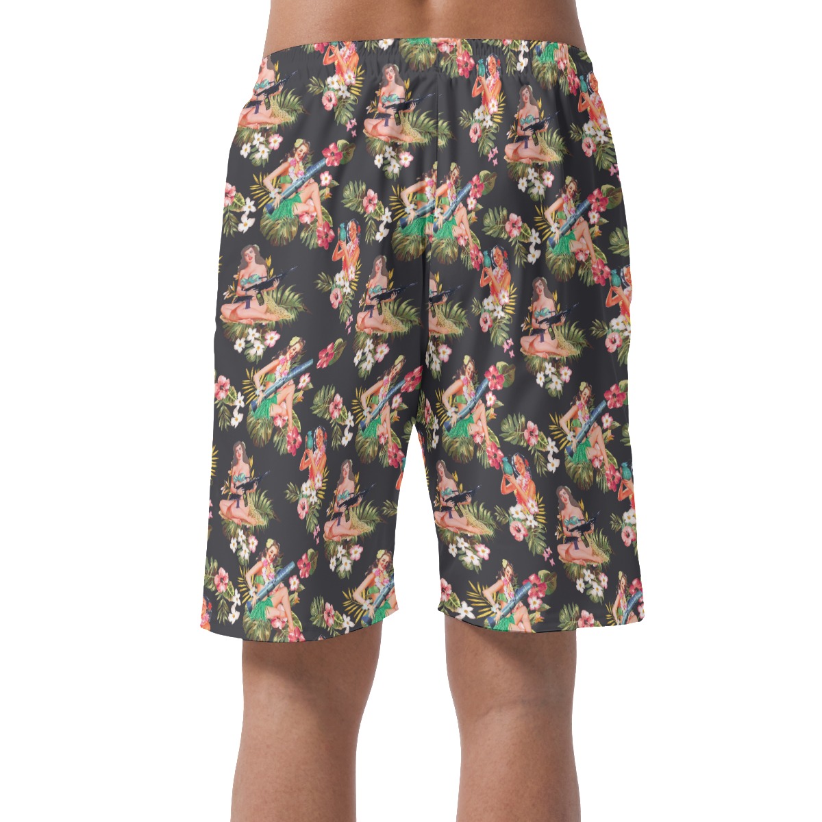 Men's Tactical Hula Girls Black Hawaiian Beach Shorts