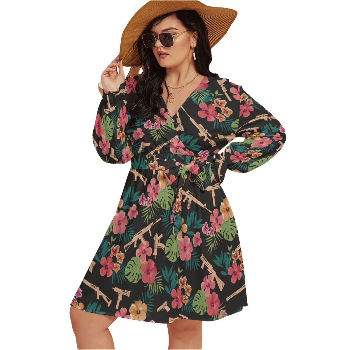 Gun And Flower Oversized V-Neck Hawaiian Dress