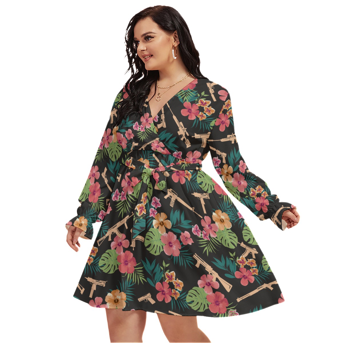 Gun And Flower Oversized V-Neck Hawaiian Dress