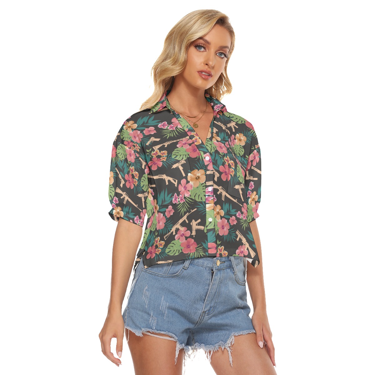 Military Gear Cropped Hawaiian Shirt For Women