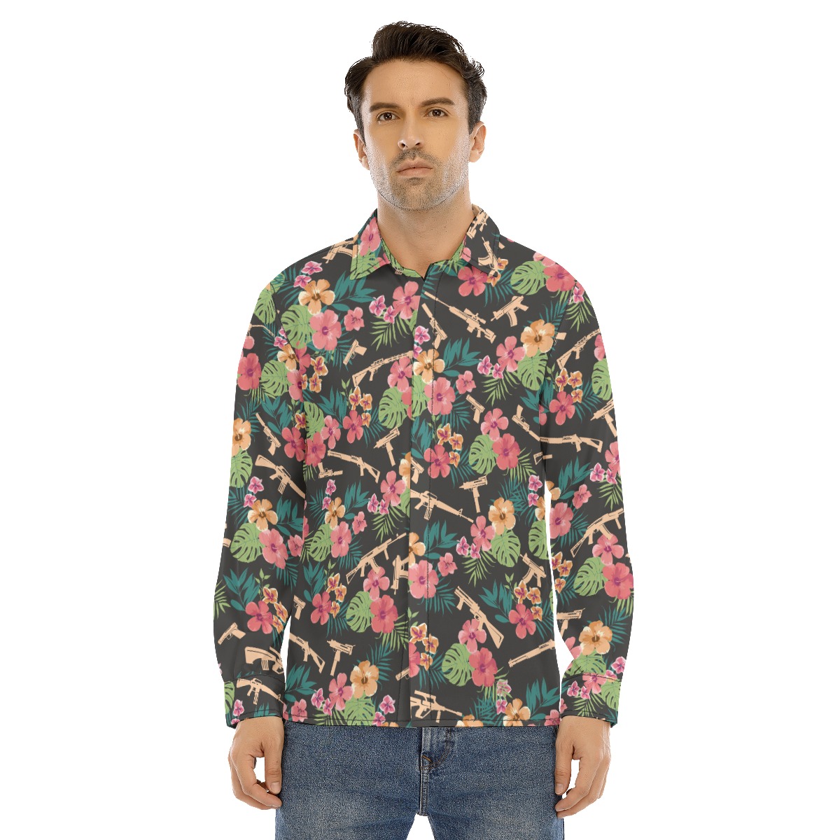 Tactical Black Long Sleeve Hawaiian Shirt For Men - variant image 1