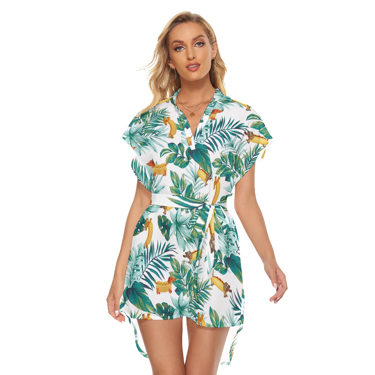 Funny Sausage Dog Tropical Hawaiian Dress With Belt - variant image 1
