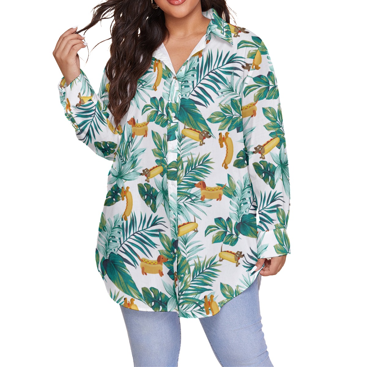 Cute Sausage Dog Tropical Hawaiian Plus Size Shirt For Women - variant image 1