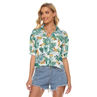 Cute Sausage Dog Tropical Hawaiian Cropped Shirt For Women