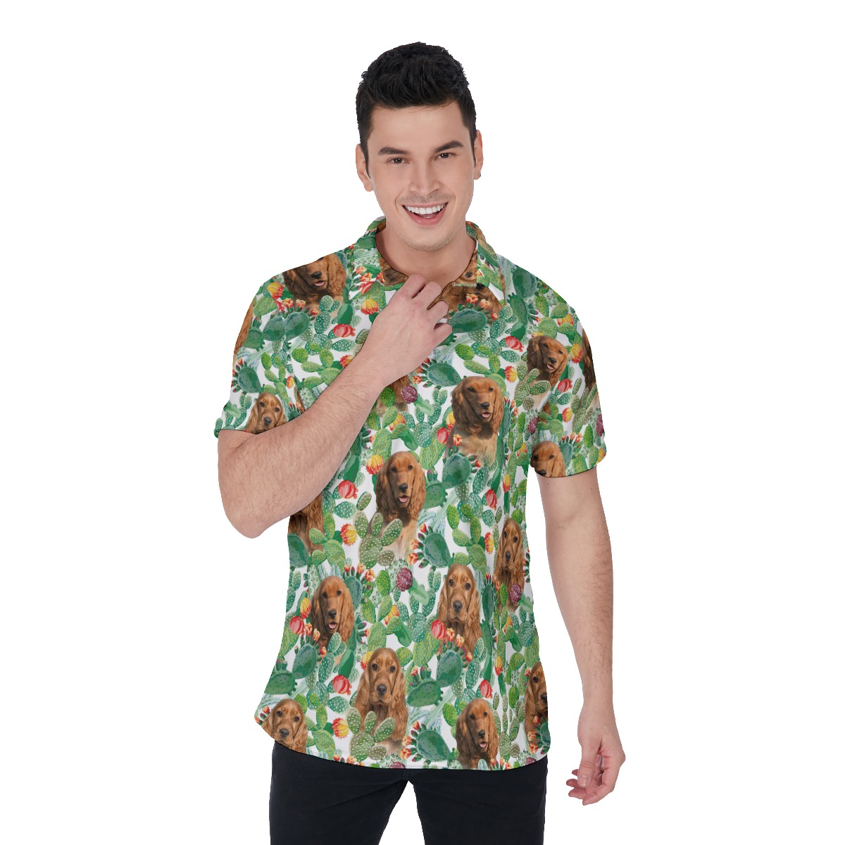 Custom Dog Face Green Hawaiian Polo Shirt For Men - variant image 1