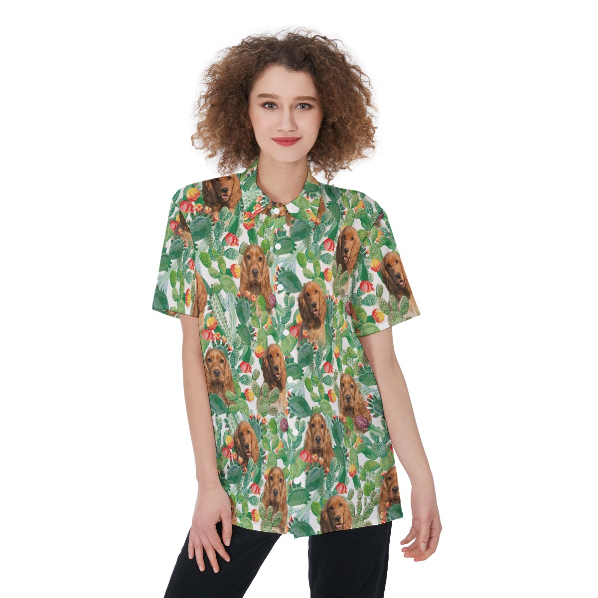 Funny Custom Dog Face Green Hawaiian Button Up Shirt For Women - variant image 1