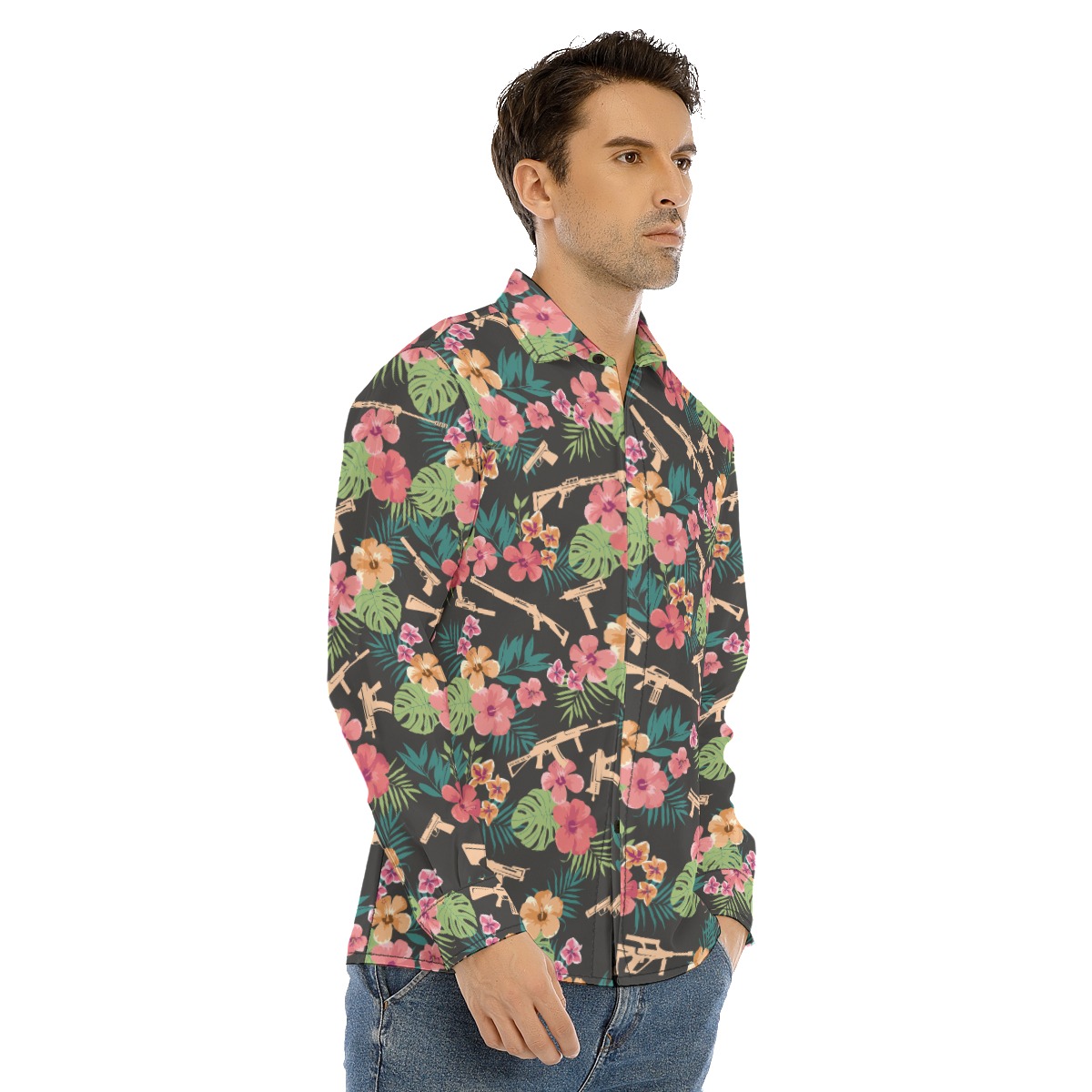 Tactical Black Long Sleeve Hawaiian Shirt For Men